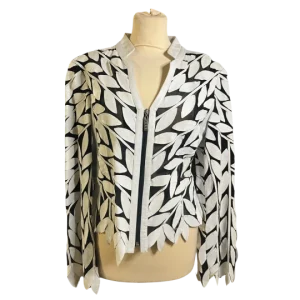 Black & White Leather Leaf Women's Blouse with Shoulder Pads