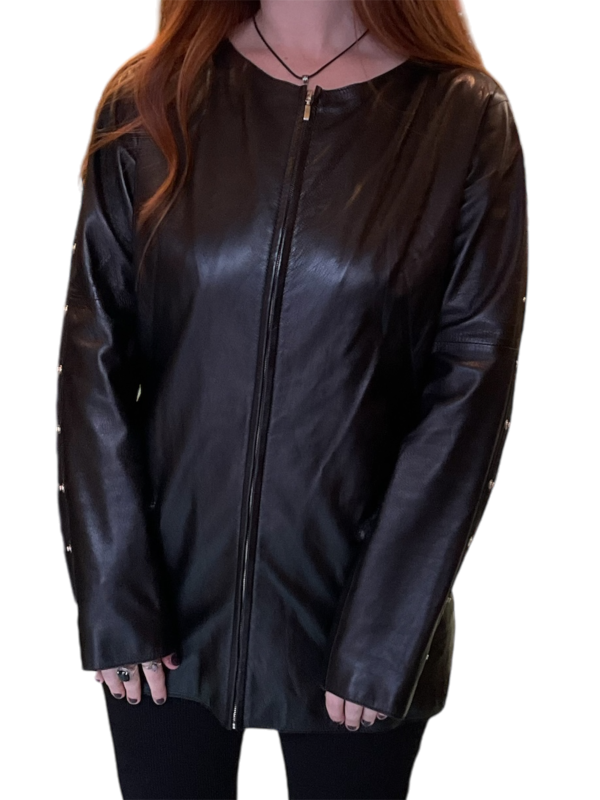 Montana Black Collarless Longline Jacket With Silver Popper Details