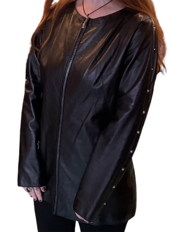 Montana Black Collarless Longline Jacket With Silver Popper Details - Image 3