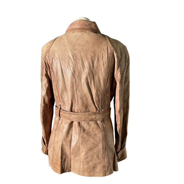 Light Brown Pocketed Leather Jacket With Belt - Image 4