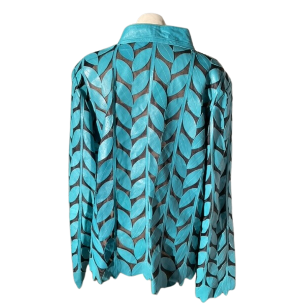 Turquoise Leaf Motif Leather Jacket - Image 2