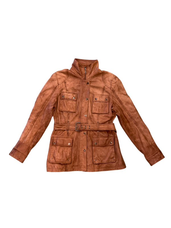 Light Brown Pocketed Leather Jacket With Belt