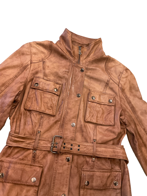 Light Brown Pocketed Leather Jacket With Belt - Image 3