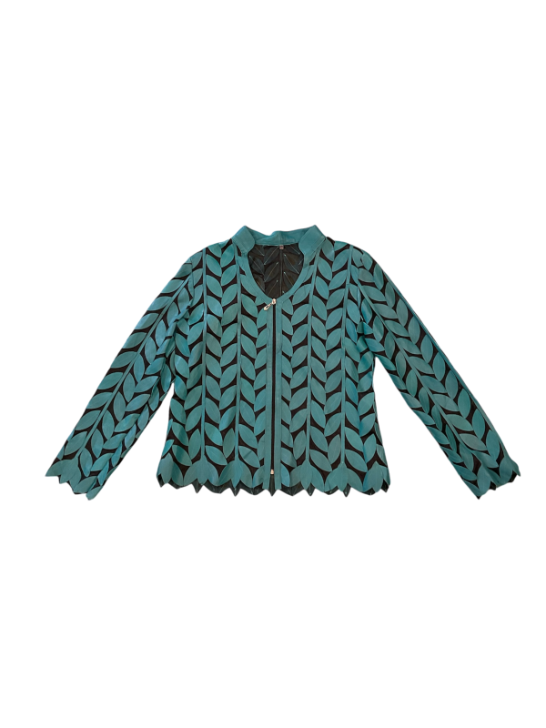 Turquoise Leaf Motif Leather Jacket