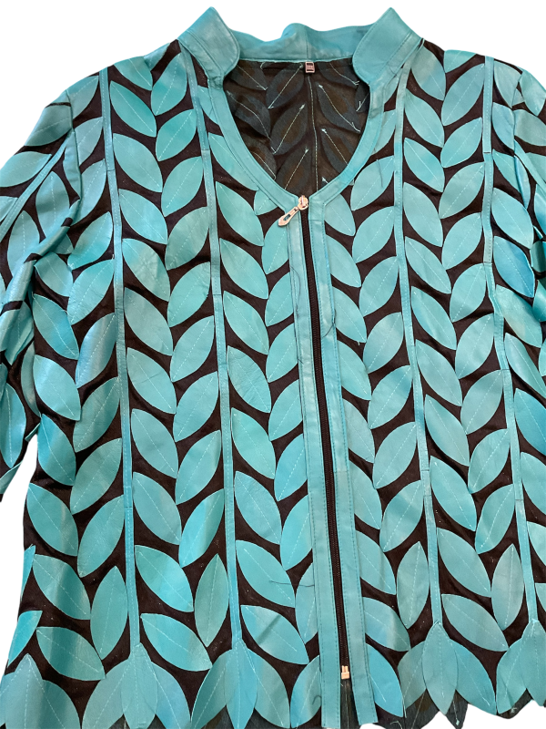 Turquoise Leaf Motif Leather Jacket - Image 3